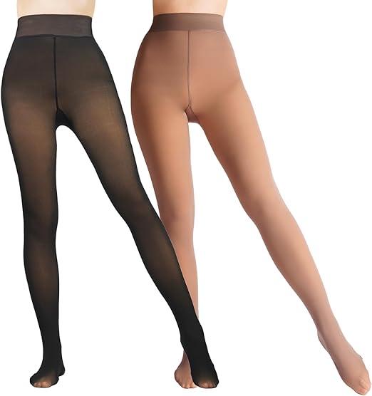 2 Pairs Women Fleece Lined Tights-Fake Translucent Leggings High Waist Pantyhose Sheer Thick Warm Tights For Women M
