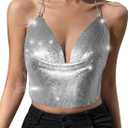 Womens Sexy Sparkly Chain Top - Metallic Sequin Rhinestone Halter Backless Crop Outfit EDM Party Club Tank Shirt (Medium, Silver)