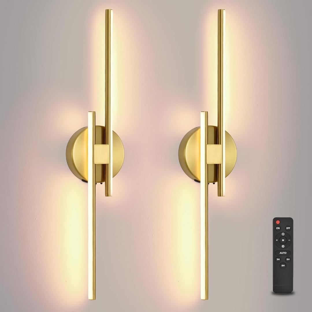 Battery Operated Wall Sconce Set of 2,Gold 23.6" 3000K-6500K LED Dimmable Wall Sconces with Remote Control,Wireless Wall Light USB Rechargeable for Bedroom Hallway Living Room Background Wall Lighting