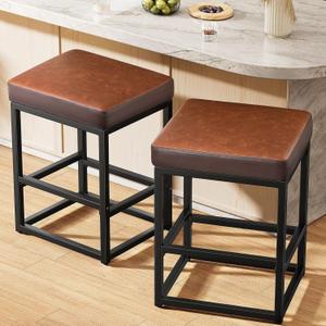 Counter Height Bar Stools Set of 2, 24" Barstools for Kitchen Countertop, Faux Leather Counter Stools with Thick Square Seats & Sturdy Metal Base, Simple Assembly, Brown