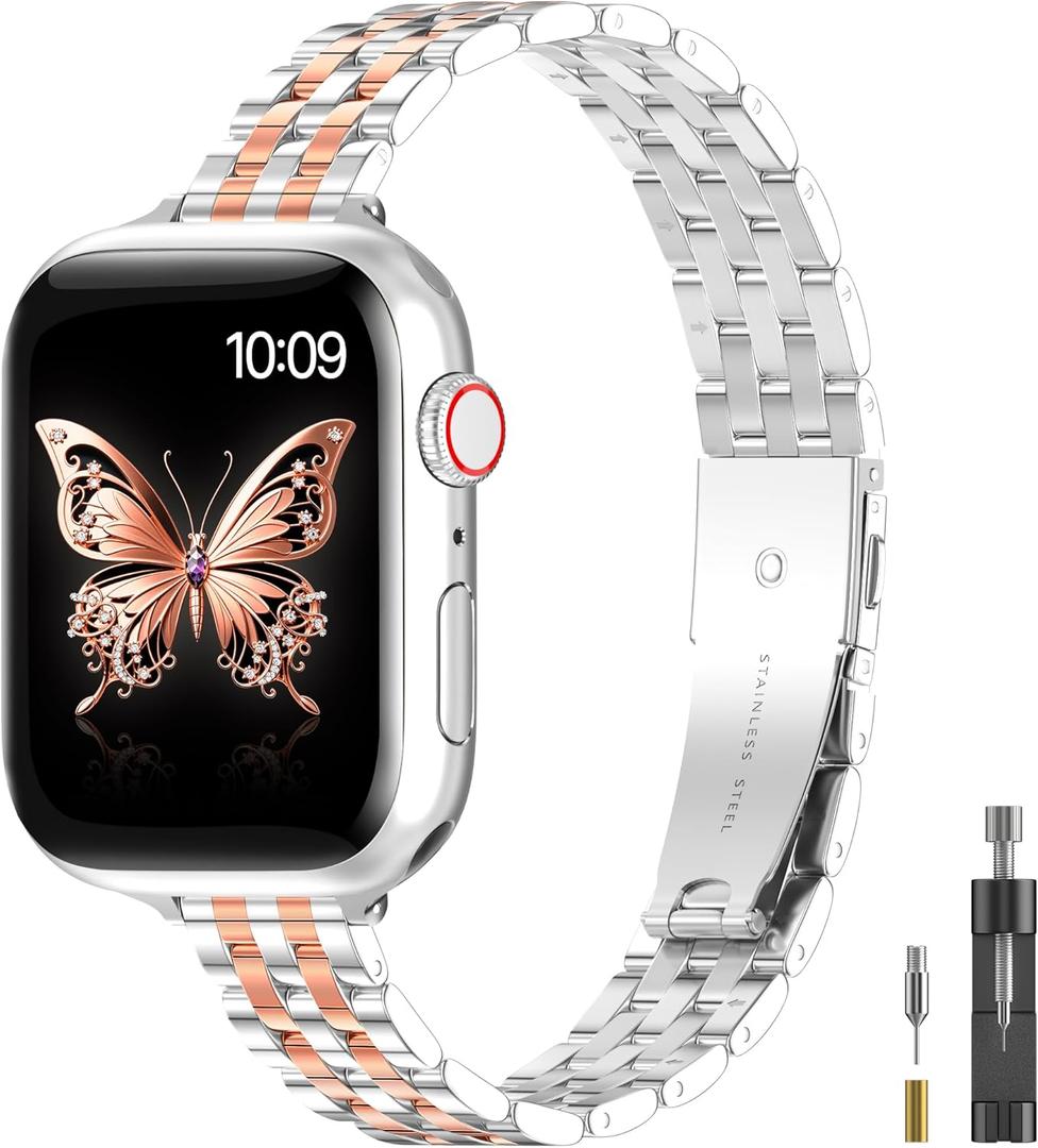 for Apple Watch Band 38mm 40mm 41mm 42mm 44mm 45mm Series 9 8 7 6 5 4 3 2 1 SE SE2 Women and Men,Classic Stainless Steel Metal Watchband for iWatch Bands,Pretty Shiny Look