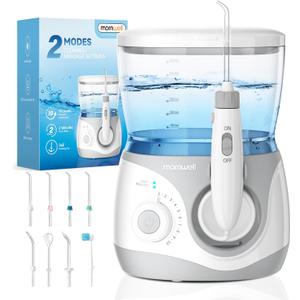 Mornwell Water Dental Flosser for Teeth, 2 Modes and 10 Adjustable Pressure Oral Irrigator for Braces, 8 Multi-Functional Tips for Family, Multiple Users, Home Use, White (600ML)