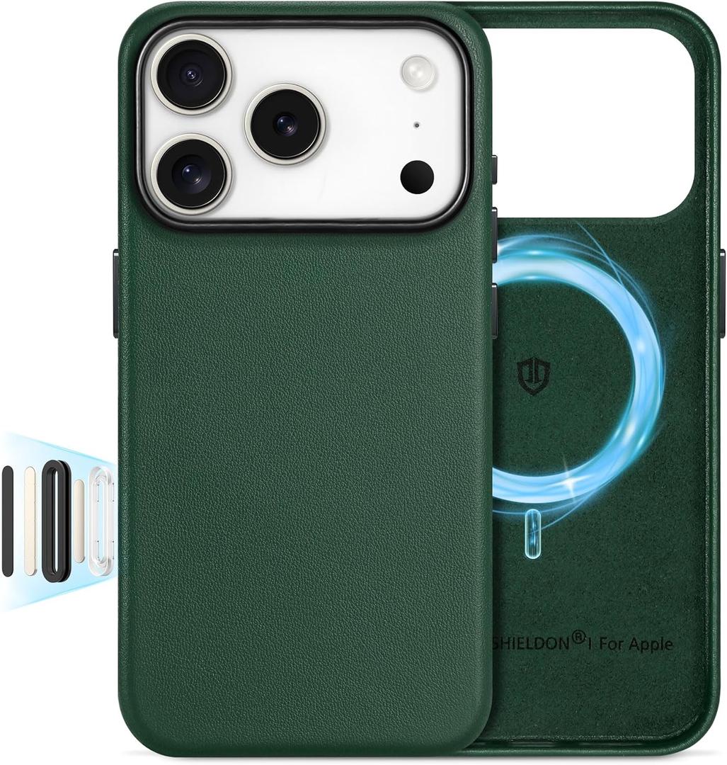 SHIELDON Genuine Leather Case for iPhone 17 Pro 6.3" 2025 | Compatible with Magsafe, Camera Button Updated, Magnetic Wireless Charging, Slim Fit, Shockproof, Metal Button, Protective Cover - Evergreen