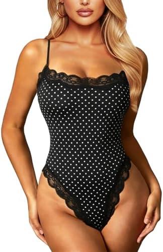 Navneet Women Sexy Lace Bodysuit Lace Trim High Cut Thong Spaghetti Strap Cami Bodysuit Going Out Tank Tops Body Suit.M