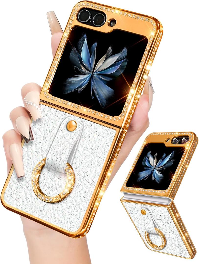 Shorogyt for Samsung Galaxy Z Flip 5 Case with Ring Holder - Elegant Bling Diamond Rhinestone Luxury Sparkly Cover for Women Girls (White)