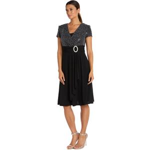R&M Richards Women's Glitter Cascade Faux Wrap Dress W/Buckle Waist & Modesty Panel, 14W (Medium)