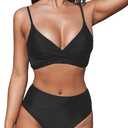 CUPSHE Women's Bikini Sets Two Piece Swimsuit High Waisted V Neck Twist Front Adjustable Spaghetti Straps Bathing Suit (Black, S)