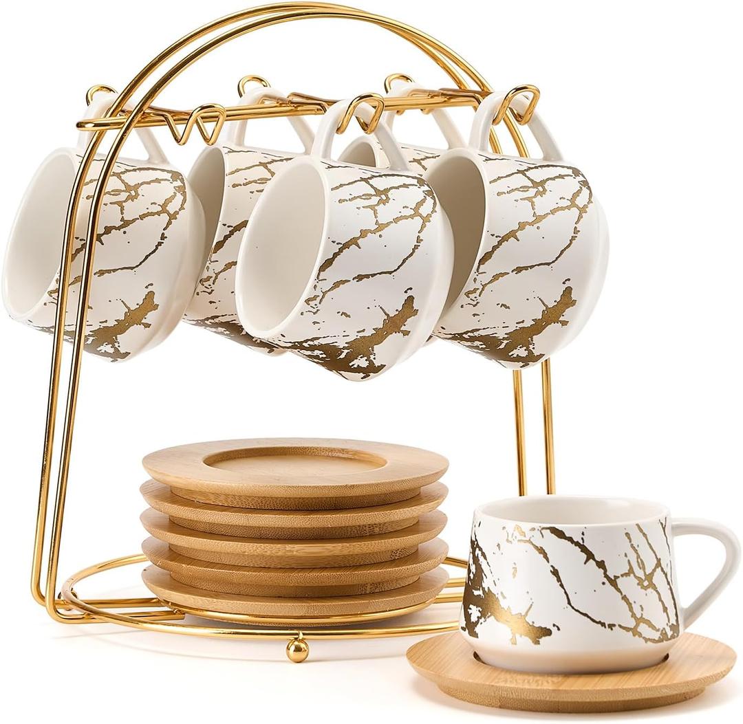 LUKA Ceramic Espresso Cups with Saucers and Metal Stand, Small 4 oz Porcelain Demitasse Cups Set of 6, Cute Cappuccino Coffee Cups for Double Espresso, Tea, Marbling White