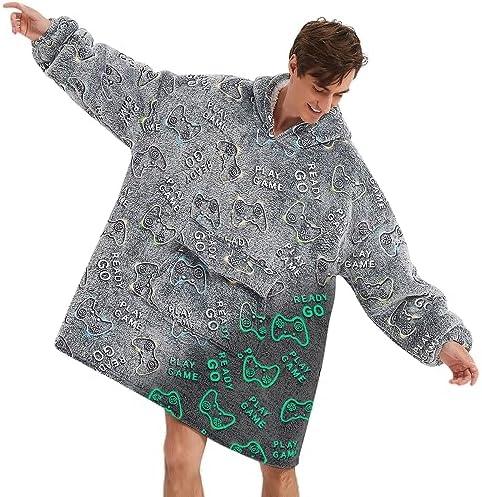Fiosnow Glow in the Dark Game Controller Blanket Hoodies for Women and Men Adult Oversize Wearable Blanket Hoodies for Soft and Warm XL