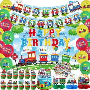 Train Party Decorations , Includes Happy Birthday Banner, Cake Toppers, Birthday Backdrop, Train Stickers, Balloons, Honeycomb Centerpieces, for Train Party Vehicle Party Supplies