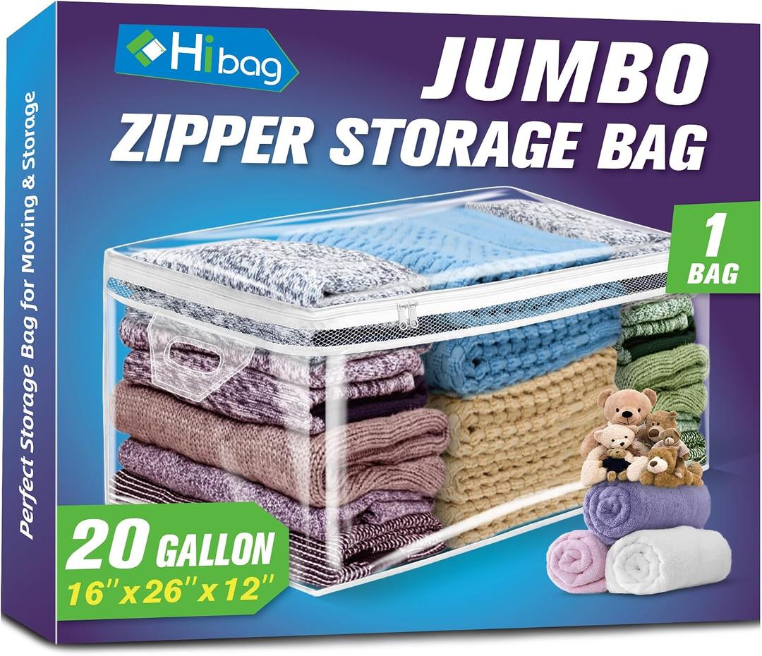 Large Storage Bag for Clothes, Jumbo Zipper Totes, 20 gal Clear - 1 pack