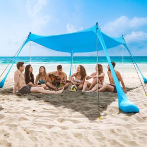 Beach Tent Sun Shelter - UPF50+ Pop Up Beach Canopy with Sandbags & Sand Shovel & Windproof Poles, Portable Sun Shade for Beach, Camping, Picnics, Backyard, Size: 10 x 10 FT 4 Pole