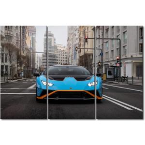 Canvas Wall Art for Bedroom Super Car Wall Art for Living Room Car Poster Decor Wall Art 3 Panels Blue Sports Car on the Street Modern Artwork for Home Walls Giclee Framed Ready to Hang 42"Wx28"H