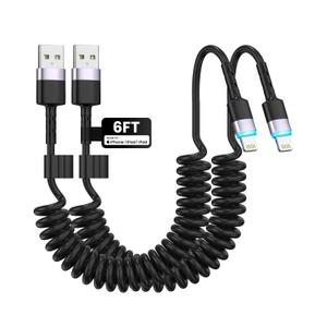 Coiled Lightning Cable, 2-Pack USB to Lightning Carplay Cable [MFi Certified] with Data Sync and LED for Car, Retractable Fast Charger Cord for iPhone 14/13/12/11 Pro Max Plus, iPads, iPods, 4FT/Black