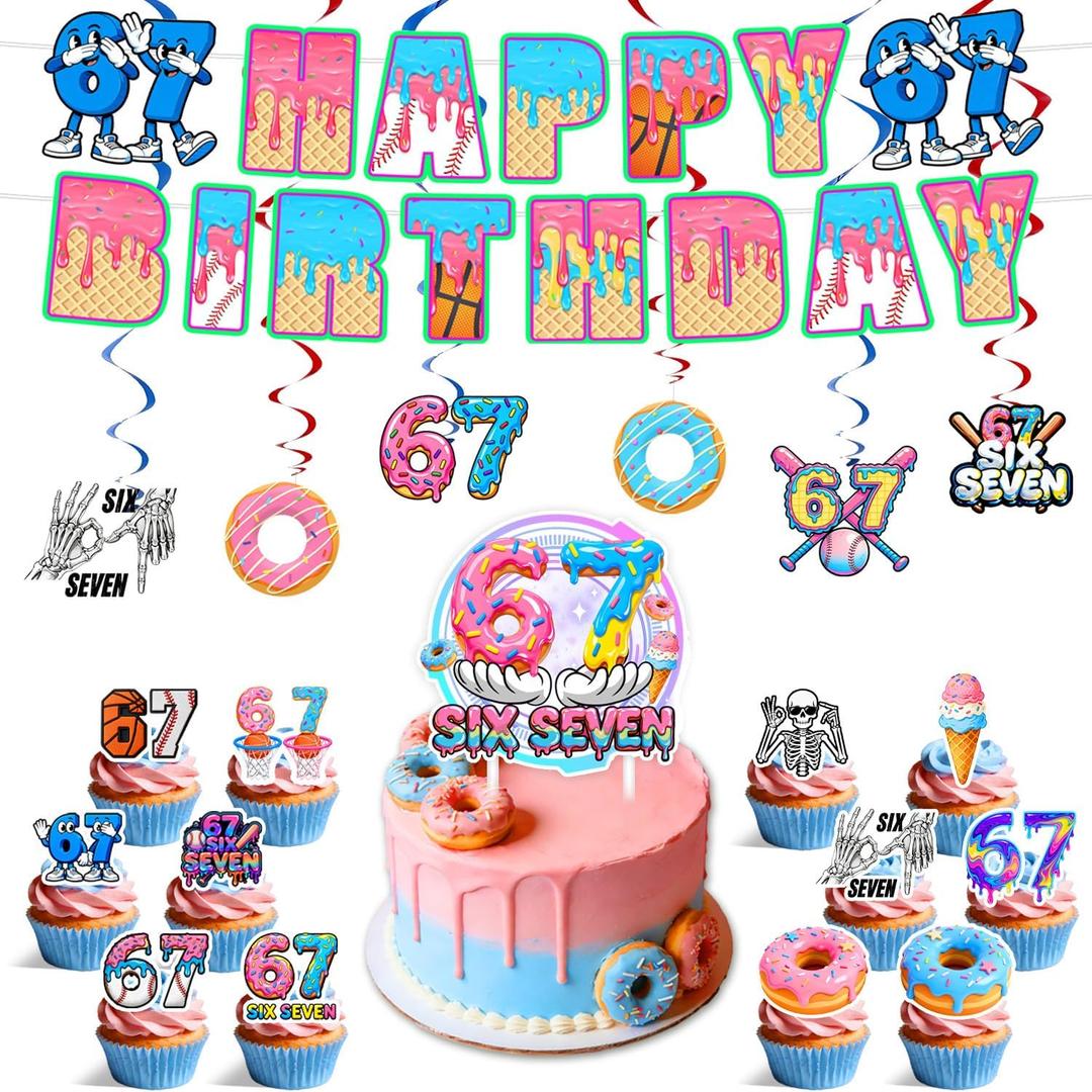 4 x 6 7 Birthday Decorations, 67 Meme Theme Birthday Party Decorations Kit Includes Banner, Large Cake Topper, 6 x Hanging Swirls, 24 x Cupcake Toppers