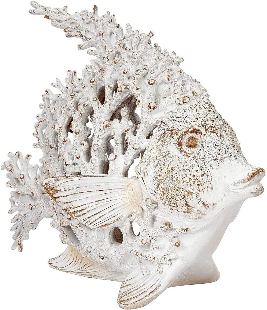 Ocean Decor White Coral Reef Angelfish Sculpture Beach Home Decor Coastal Coral Look Tabletop Collection 11 in x 10 in