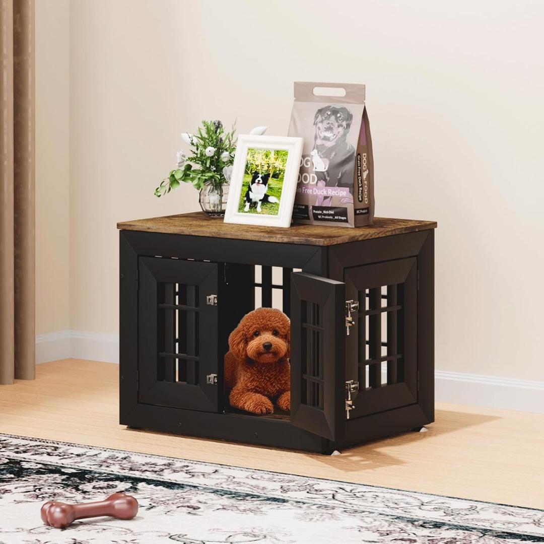 26" Heavy Duty Dog Crate Furniture for Small,Medium and Large Dogs,Rustic Wooden Dog Cage Kennel Indoor Furniture with Waterproof Top,Decorative Pet House Side End Table (Black & Wood)
