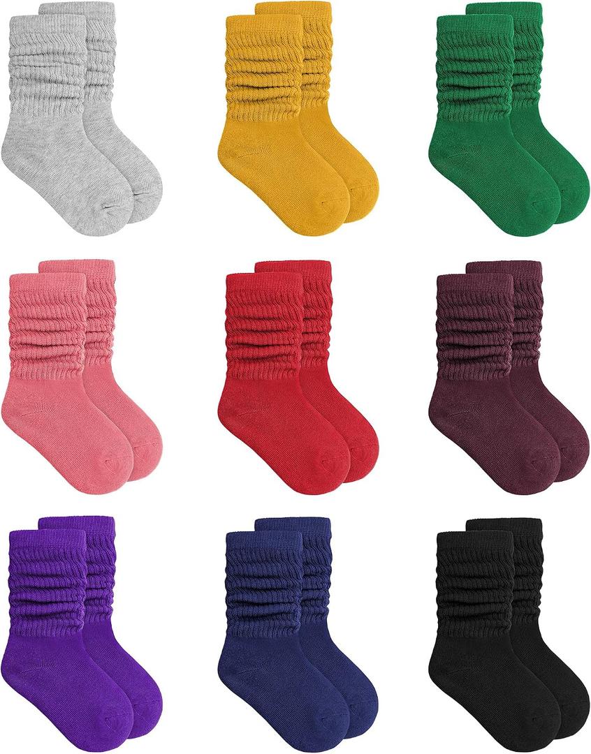 Auranso Girl Knee High Cotton Socks 9 Pairs Girls Long Crew Socks Color A 6-8 Years