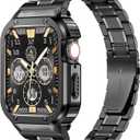 MioHHR Stainless Steel Watch Band with Case Compatible with Apple Watch Series 6/5/4/SE(44mm) Series 3/2/1(42mm),Rugged Strap with Metal Protective Bumper Cover for iWatch Band Men(Black)