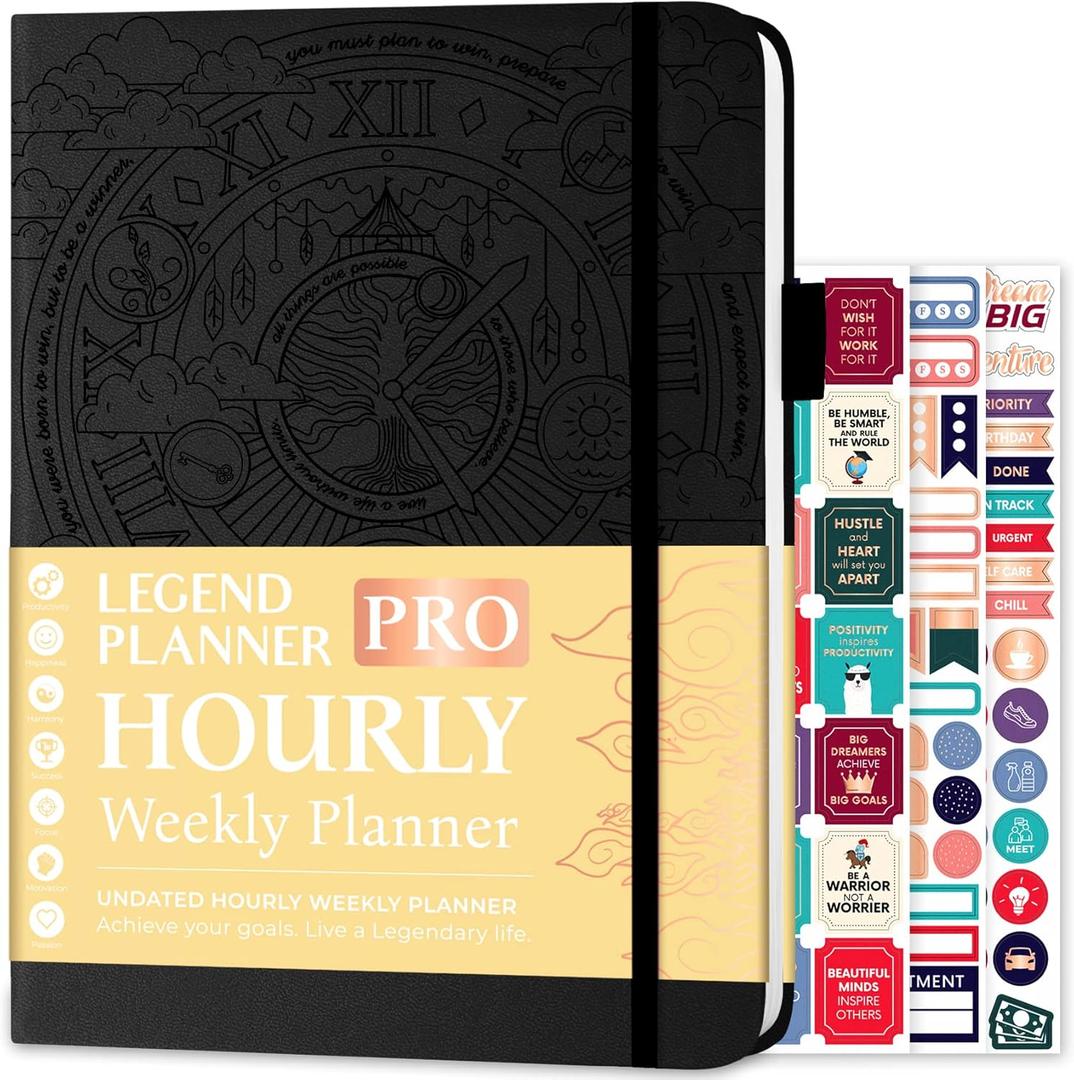 Legend Planner PRO Hourly Schedule - Weekly & Daily Organizer with Time Slots. Appointment Book Journal for Work & Personal, A4 (Black) (A4 (8.5" x 11"))