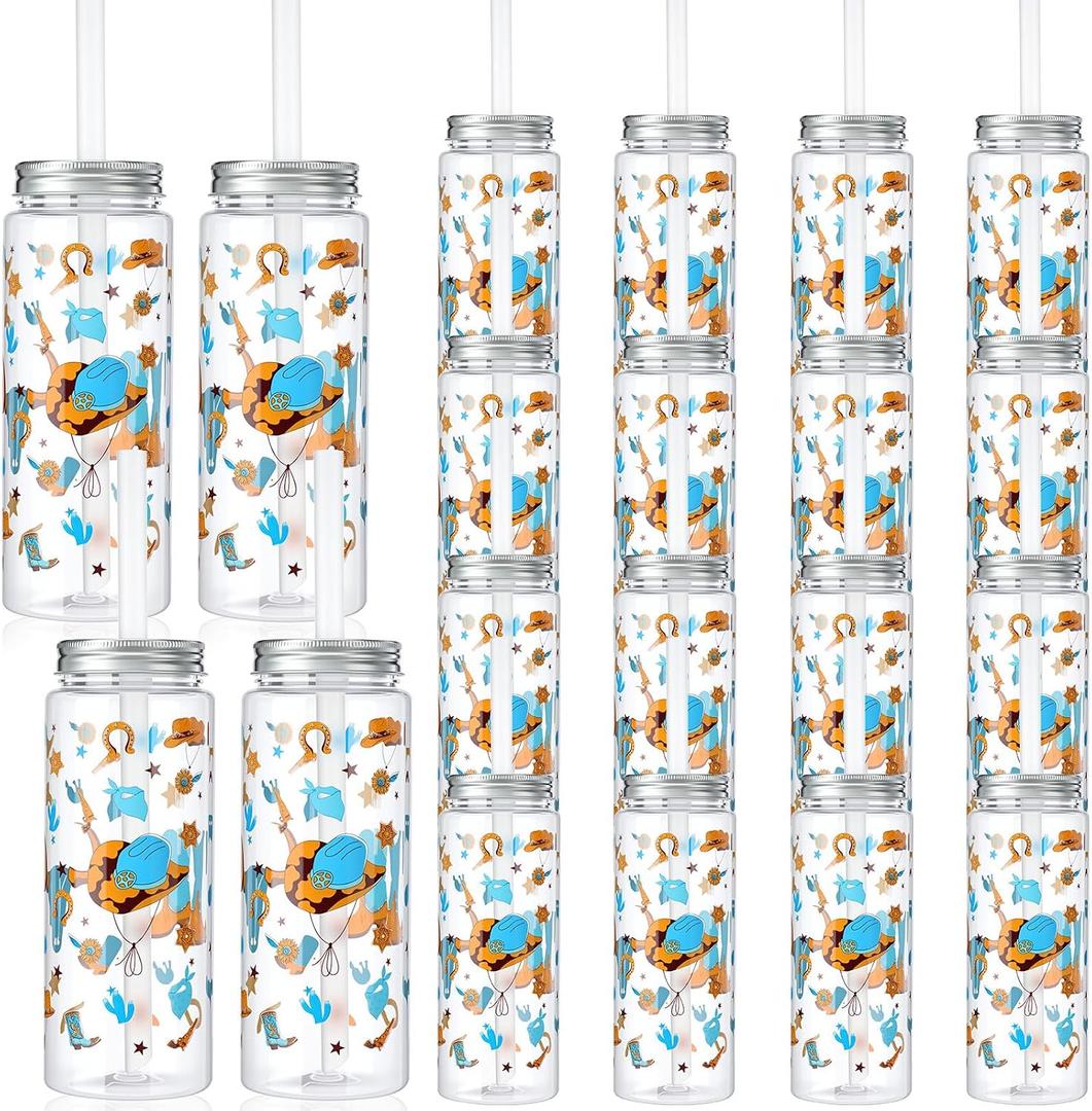 LemonRoad 24 Pcs Cowboy Plastic Cups with Lid and Straw 14 oz Reusable Cowboy Themed Party Decorations Tumbler Beer Can Iced Coffee Cup for Preppy Western Party Decoration