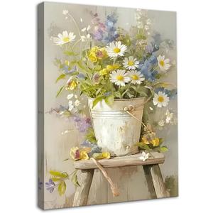 Dazzlewall Framed Floral Bucket Wall Art,Farmhouse Style Daisy Wildflower Bouquet in Rustic Metal Pail Prints Botanical Oil Painting for Bathroom Bedroom Living Room Decor 12x16 in