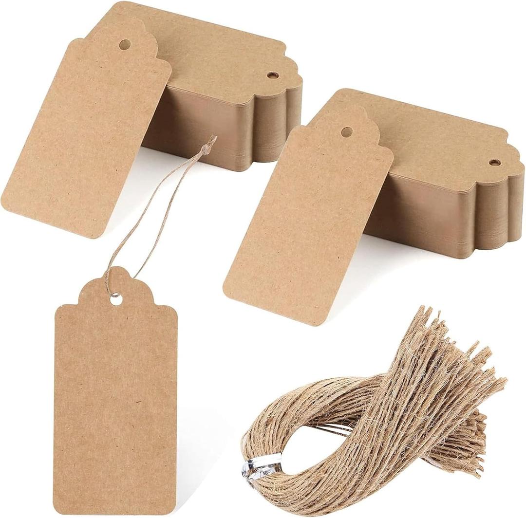 SallyFashion 100pcs Gift Tags with String Attached, 2 x 4 inch Kraft Paper Hang Tags for Clothes DIY Crafts Wedding Holiday (Brown)