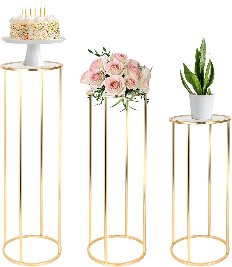 3 Pcs Cylinder Stands for Party, Gold Metal Pedestal Stand for Parties, Cilindros Para Decoraciones De Fiestas, Round Cake Pedestal for Weddings Party Birthday festival Backdrop Decoration, 13 11.8 10.6 inch