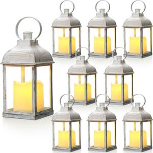 8 Pcs 10 inch White Decorative Candle Lantern Bulk for Wedding Centerpieces White Lanterns with LED Flameless Candle Indoor Outdoor Battery Powered Hanging Lights for Wedding Party