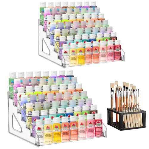 YEXEXINM 2 Pcs Clear Paint Organizer With Paint Brush Holder,7 Layers Acrylic Paint Organizer,Paint Storage Rack,Craft Paint Organizer Rack,Miniature Paint Holder for Paint Storage