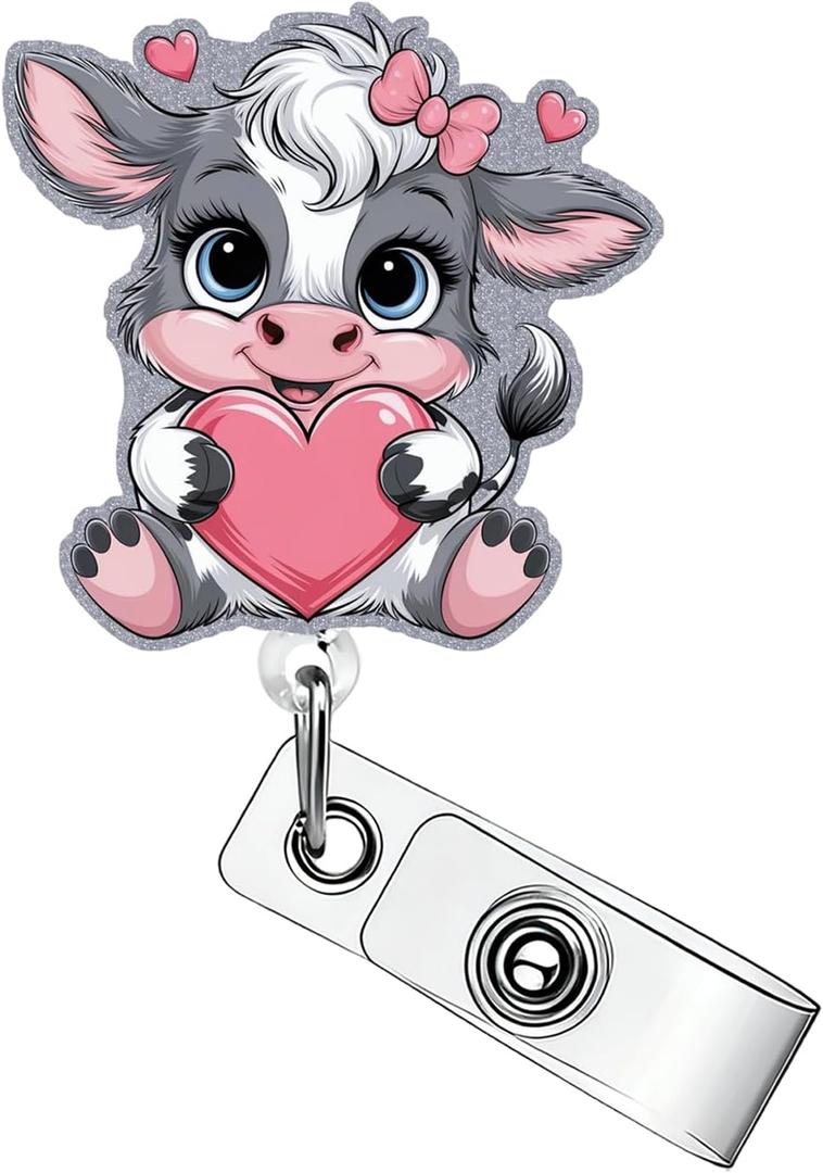 Pink Love Heart Cow Badge Reel Valentines Badge Clip Cute Cow Badge Reels Retractable Valentines Badge Holder with Retractable Clip Funny Animal ID Card Holder for Nurse Doctor Teacher Office Staff