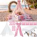 Pink Picnic Kit Oversized Boho Picnic Blanket Folding Table 4 Plush Pillow Large Satin Bow Lace Camp Tent 2 Tulle Table Runner 4 Napkins Tablecloth for Outdoor Party Wedding Baby Shower