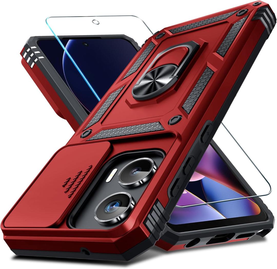 2 x Janmitta Compatible with Moto G Stylus 5G 2024 Case Built in Slide Camera Lens Cover+Screen Protector+Finger Ring Holder Kickstand,Heavy Duty Shockproof Full Body Protective Phone Cover,Red