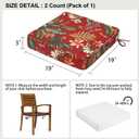19x19x3 Inch Outdoor Square Corner Chair Cushions with Ties Set of 2, Water & Fade Resistant Thick Seat Cushion Pads for Garden Patio Dining Porch Furniture - Red Floral