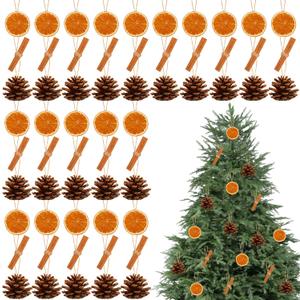 60 Set Christmas Tree Decorations Natural Pine Cones Dried Orange Slices Cinnamon Sticks Hanging Ornaments DIY Handmade Crafts with Hemp Rope and Plastic Needle for Fireplace Wall Xmas Tree Decor
