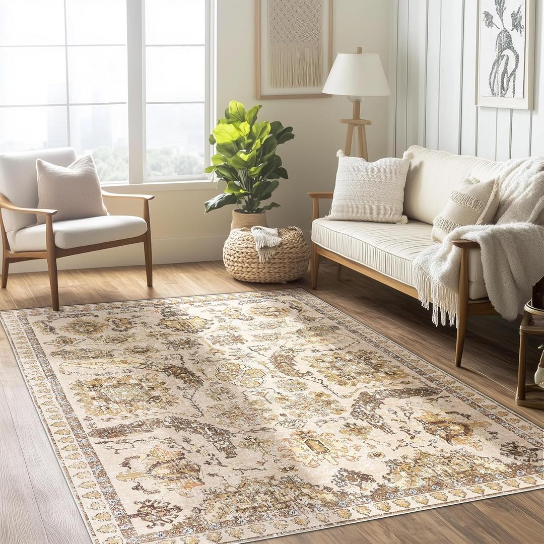 4x6 ft Washable Area Rug, Non-Slip Indoor/Outdoor, Beige & Yellow Boho Design for Kitchen, Patio, Office, Entryway, Kids Room, and Runner Rugs