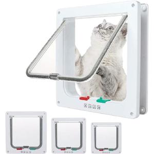 goTeamghjkl Cat Door Flap (Outer Size 7.5" x 7.8"), 4 Way Locking Medium Cat Door for Interior Exterior Doors, Weatherproof Pet Door for Cats Doggie Kitty and Kittens with Circumference < 15.75" (White)