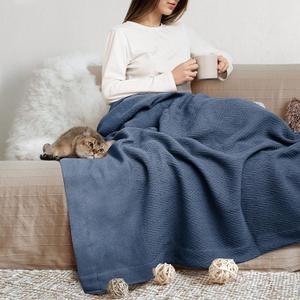 THREAD SPREAD Organic GOTS Cotton Blanket, Full/Queen - 350 GSM, Antistatic, Fuzzy Soft, Lightweight, Sofa, Camping & Travel, Perfect Herringbone All Seasons Throw, Medium Blue with Free Tote Bag