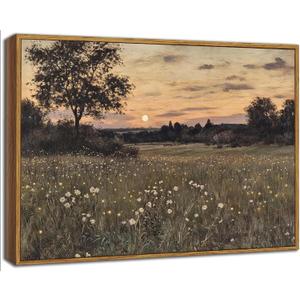 Framed Vintage Farmhouse Canvas Wall Art Rustic Wildflower Field Landscape Painting Retro Country Sunset Prints Vintage Moody Landscape Prints Artwork for Living Room Bedroom Bathroom 16x24