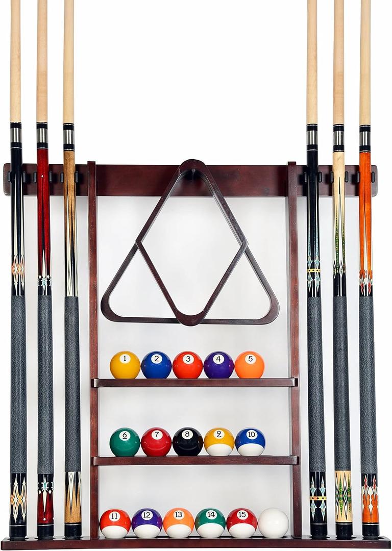 Iszy Billiards Pool Cue Rack - Billiard Pool Stick and Ball Holder Only - 100% Wood Wall Mount Holds 6 Cues and 16 Balls - Pool Table Accessories, Mahogany