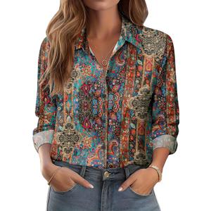 Zeagoo Button Down Shirts for Women Dressy Floral Printed Long Sleeve Blouse Business Casual Work Tops (L)