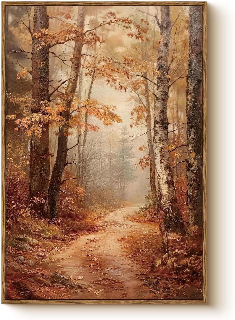 Autumn Forest Framed Canvas Wall Art 16x24 Trees Leaves Trail Artwork, Woodland Path in Fall Colors Landscape Print, Rustic Nature Forest Painting Farmhouse Bedroom Entryway Home Decor