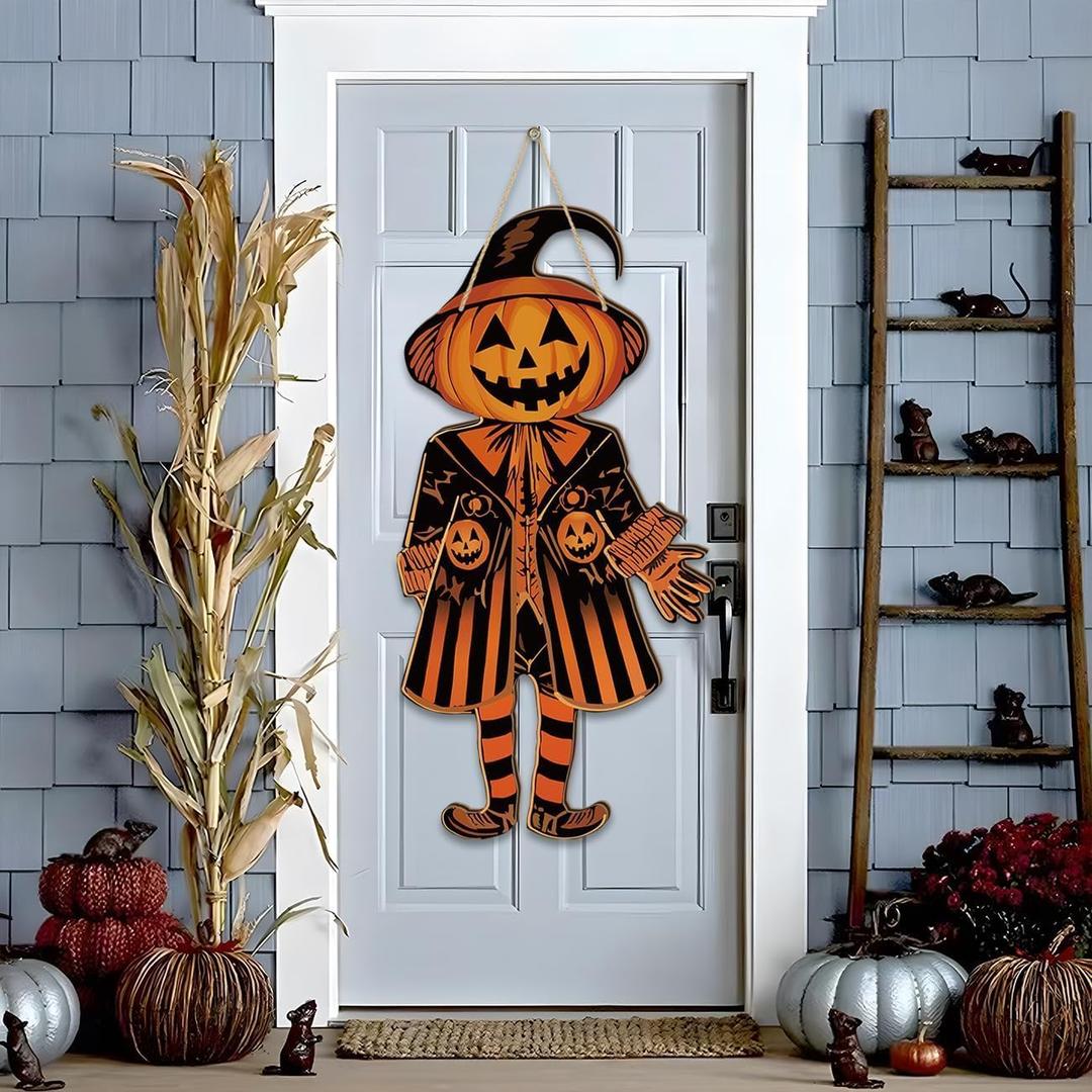 Vintage Halloween Decorations Wood Door Sign 23.6x11.8inch Retro Halloween Party Wall Door Hanger Decorations Horror Spooky Pumpkin Style Wood Sign