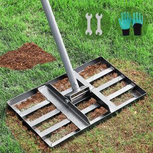 Lawn Leveling Rake, Lawn Leveler with Stainless Steel Long Handle, Heavy Duty Yard Level Tool for Leveling Soil, Sand Or Dirt Surfaces, Gardening Gloves Gift Included (17x10in)