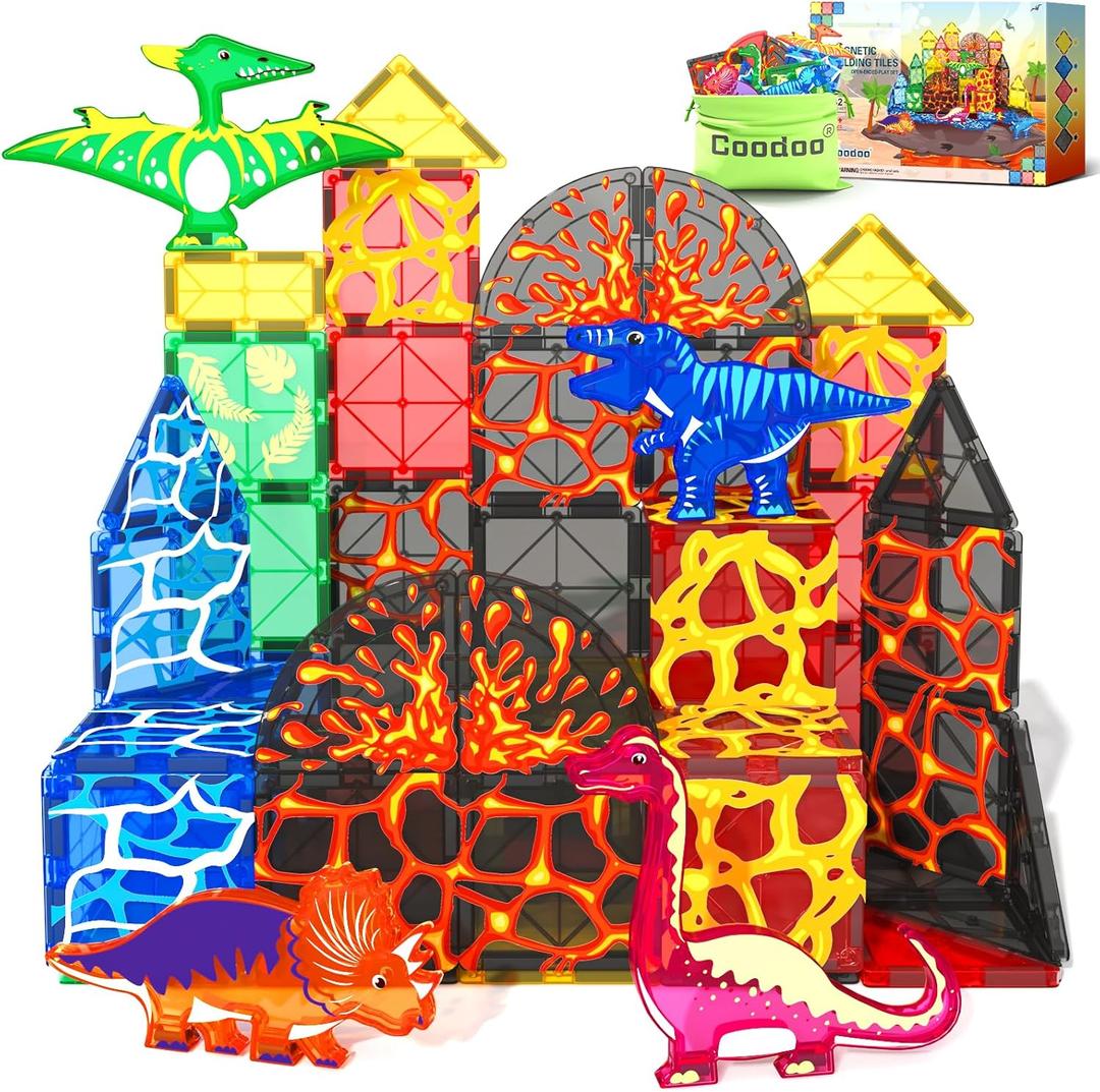 Dinosaur Toys Magnetic Tiles Lava Dinosaur World Set - Magnetic Blocks Building for Kids 3-5 5-7 Girls Boys Toy Age 4-6 6-8, Classroom Must Haves Toddler Sensory for 3+ Year Old Kids Toys