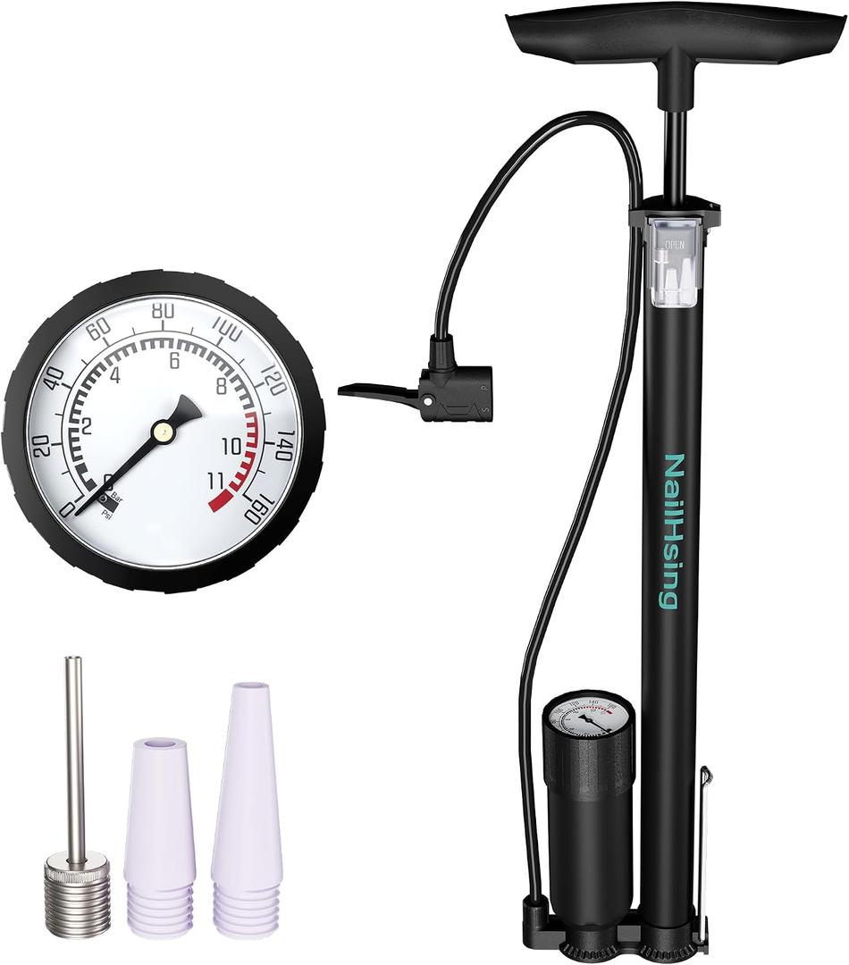 Bike Floor Pump with Gauge, Presta Schrader Valves for Road Bikes Balls
