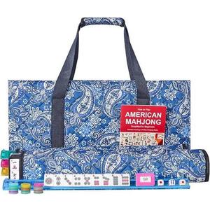 GUSTARIA American Mahjong Game Set, 166 Quality White Tiles, 4 All-in-One Color Rack/Pushers, Mahjong Tile Set with Light Blue Printed Carrying Bag