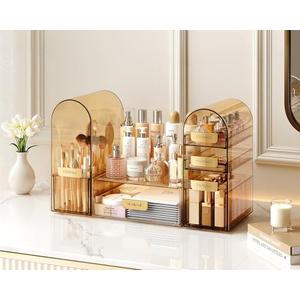 Pomohome Makeup Organizer with Drawers & Brush Holder for Vanity, Detachable & Stackable Clear Acrylic Arch Makeup Organizer, Skincare Organizer for Vanity, for Cosmetic & Beauty Essentials