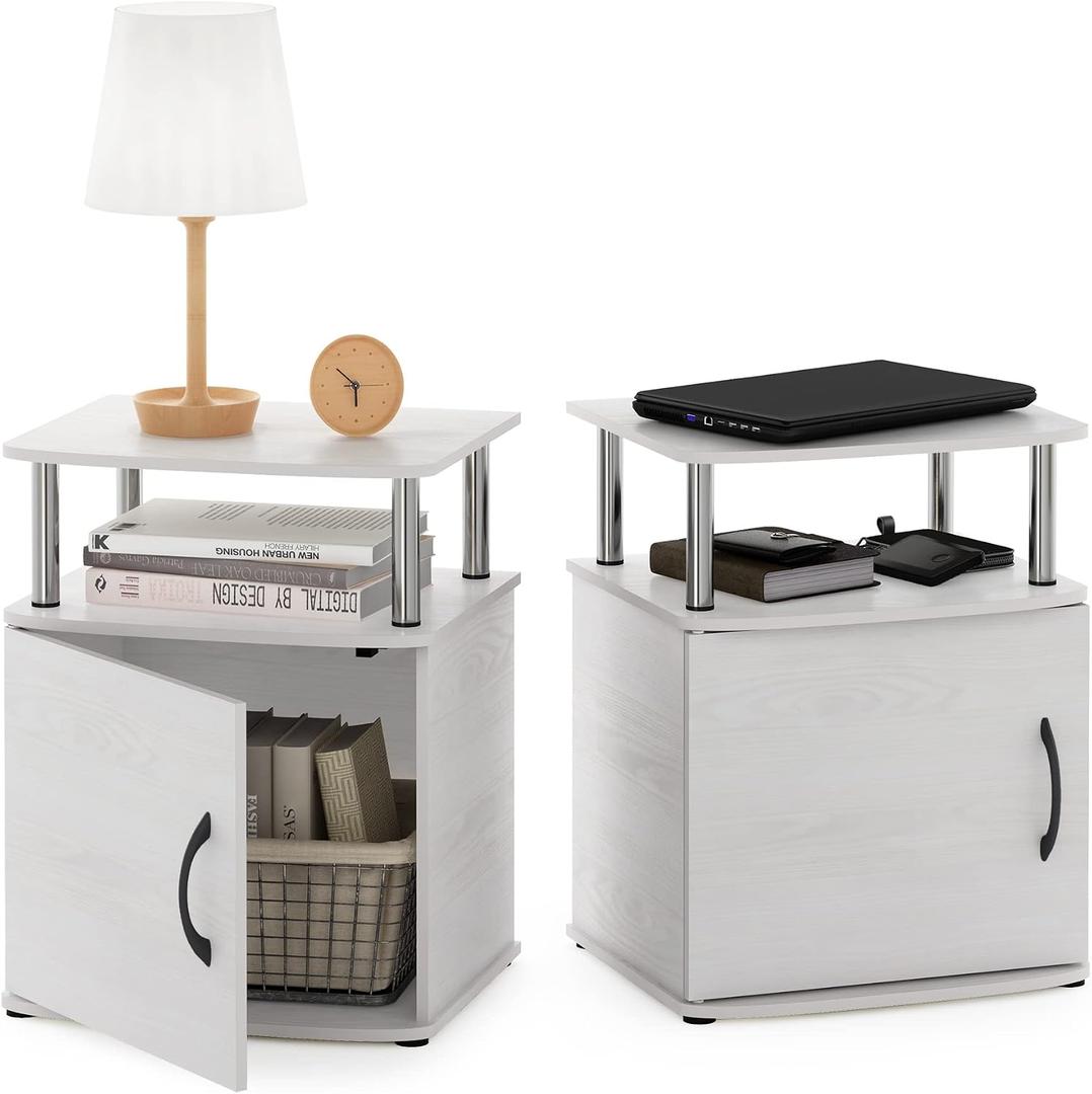 Furinno Jaya 2-Tier Side Table Set of 2, with Door Cabinet, White Oak