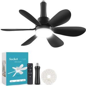 Light Socket Fan, E26 Light Bulb Fan with Spare LED Replacement Board, Socket Ceiling Fans with Lights and Remote Dimmable for Garage Laundry Kitchen Storeroom Black